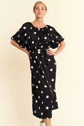 Davi & Dani Polka Dot Puff Sleeves Waist Tie Midi Dress OutfitFlow